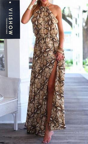Fashion Brown Halter Leopard Split Maxi Dress