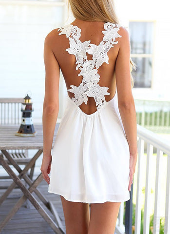 White Lace Criss Cross Back Mini Dress