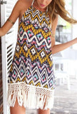 Multicolor Halter Backless Geometric Print Tassel Dress