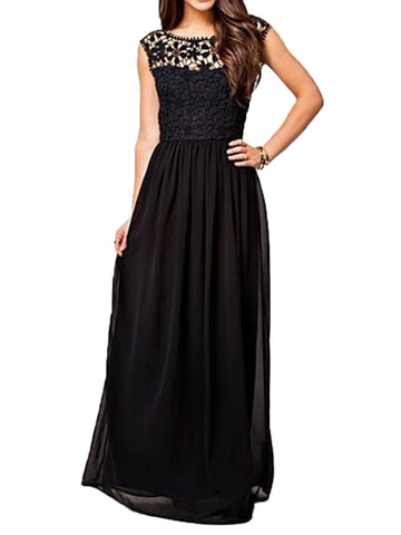 Black Sleeveless Crochet Lace Backless Maxi Dress