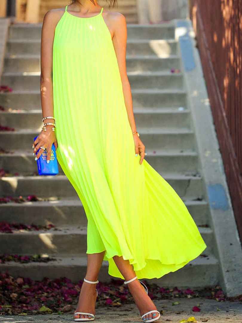 Lucifer Yellow Pleated Maxi Dress – Viishow