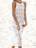 White Spaghetti Strap Deep V Back Sleeveless Lace Crochet Maxi Dress