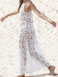 White Spaghetti Strap Deep V Back Sleeveless Lace Crochet Maxi Dress