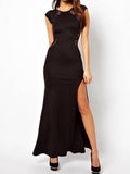 Black Maxi Bodycon Dress with Slit and Lace Panel