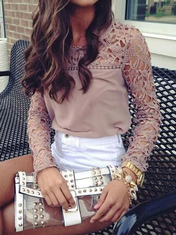 Rosey Brown Crochet Lace Panel Long Sleeve Blouse