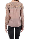 Rosey Brown Crochet Lace Panel Long Sleeve Blouse