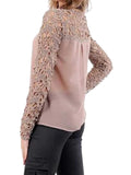 Rosey Brown Crochet Lace Panel Long Sleeve Blouse