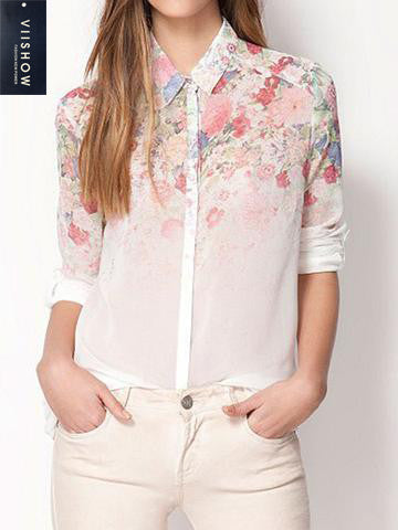 White Ombre Floral Long Sleeves Chiffon Shirt