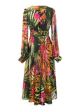 Green Wrap Long Sleeve Leaves Print Maxi Dress